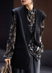 Women Black V Neck Chinese Button Cotton Waistcoat Sleeveless