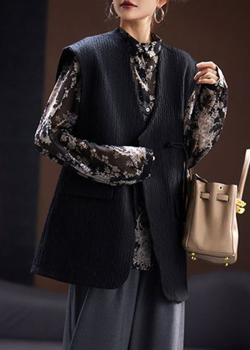 Women Black V Neck Chinese Button Cotton Waistcoat Sleeveless