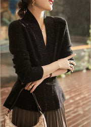 Damen Schwarzer V-Ausschnitt Dot Button Dicker Kaschmirpullover mit langen Ärmeln