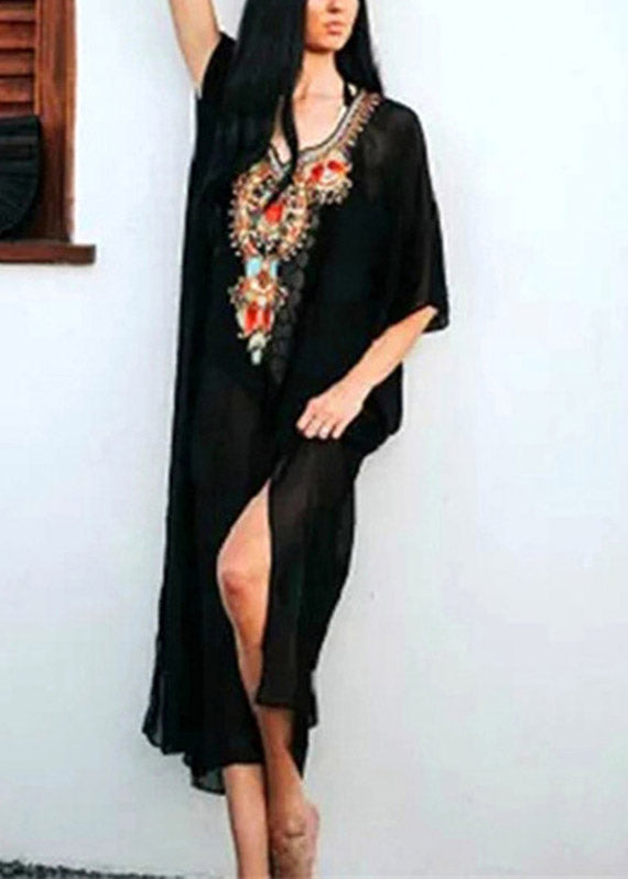 Women Black V Neck Embroidered Chiffon Long Beach Dresses Batwing Sleeve