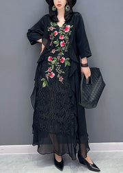 Women Black V Neck Embroidered Patchwork Chiffon Long Dress Summer