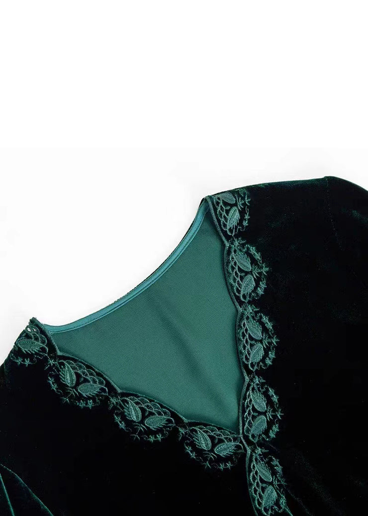Women Black V Neck Embroidered Silk Velour Top Long Sleeve