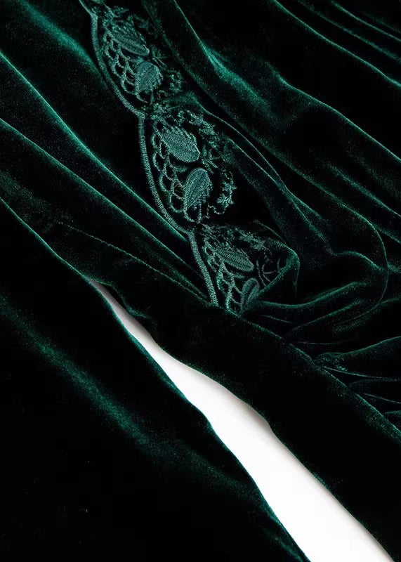 Women Black V Neck Embroidered Silk Velour Top Long Sleeve