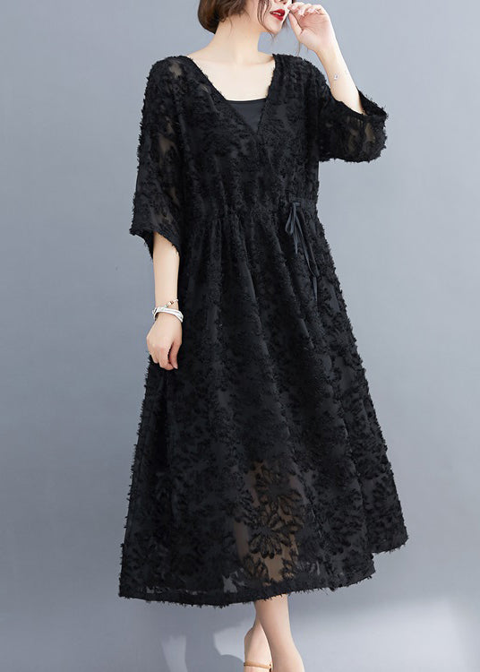 Frauen Schwarzes Kleid mit V-Ausschnitt und Blumenstickerei, zweiteiliges Set mit halben Ärmeln