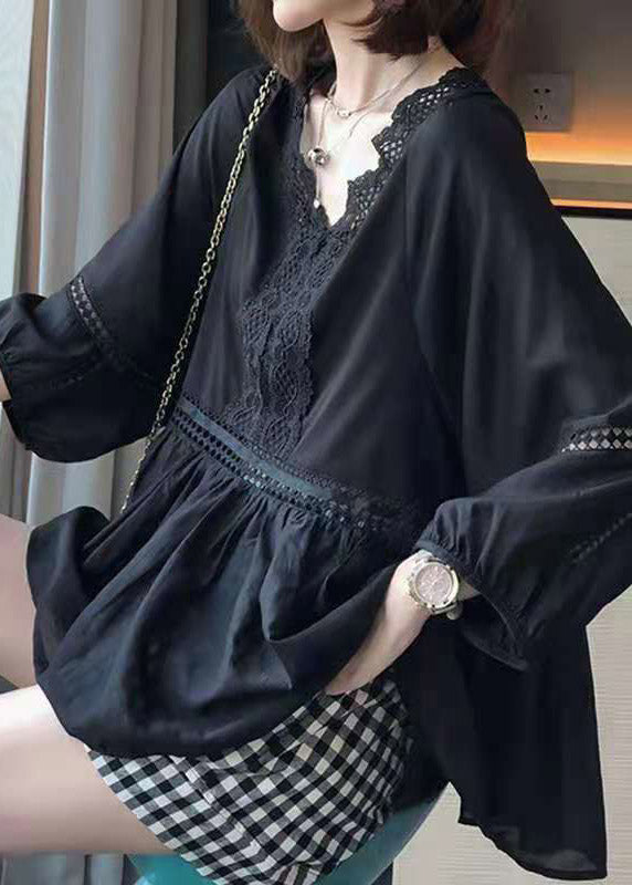Women Black V Neck Hollow Out Patchwork Lace Shirt Three Quarter Sleeve