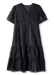 Women Black V Neck Lace Patchwork Chiffon Dresses Summer