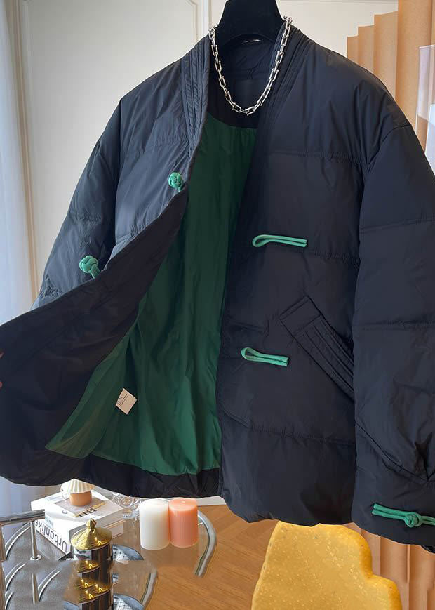 Women Black V Neck Oversized Oriental Button Fine Cotton Filled Jackets Winter