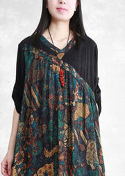 Women Black V Neck Patchwork Asymmetrical Print Silk Dress Three Quarter Sleeve