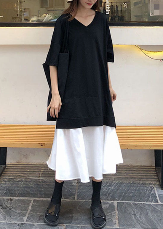 Frauen Schwarzes Patchwork-Baumwollkleid mit V-Ausschnitt und kurzen Ärmeln
