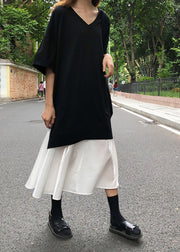 Women Black V Neck Patchwork Cotton Dress Short Sleeve
