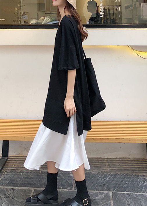 Frauen Schwarzes Patchwork-Baumwollkleid mit V-Ausschnitt und kurzen Ärmeln