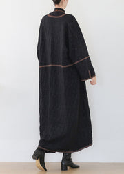 Women Black V Neck Patchwork Woolen Trench Coats Long Sleeve
