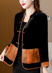 Women Black V Neck Print Patchwork Button Silk Velour Coats Fall
