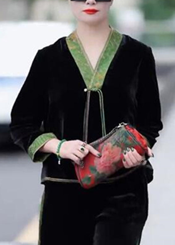 Women Black V Neck Print Patchwork Tassel Silk Velour Coat Long Sleeve