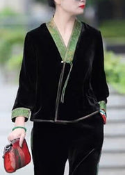 Women Black V Neck Print Patchwork Tassel Silk Velour Coat Long Sleeve