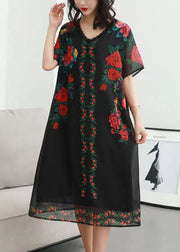Women Black V Neck Rose Print Patchwork Chiffon Dresses Summer