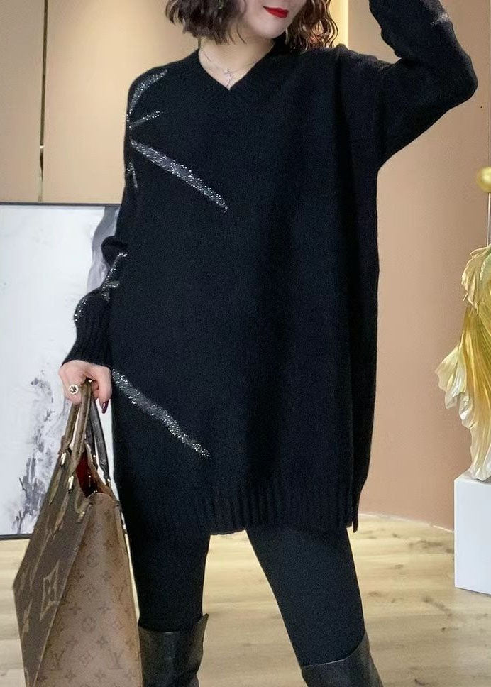 Women Black V Neck Sequins Oversized Long Knit Dress Winter