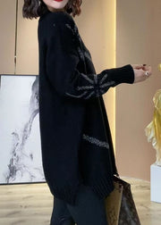 Women Black V Neck Sequins Oversized Long Knit Dress Winter