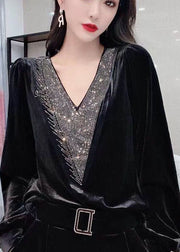 Women Black V Neck Sequins Silk Velour Top Long Sleeve