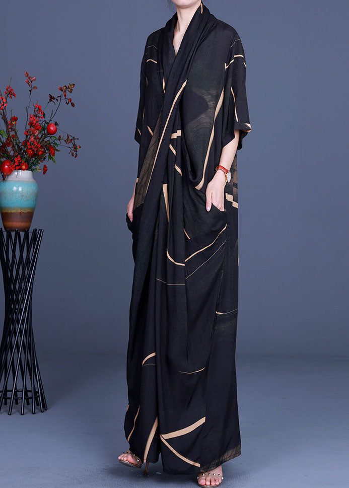 Frauen schwarzes Chiffon-Kleid mit V-Ausschnitt, halbe Ärmel