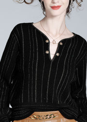 Women Black V Neck Striped Button Woolen Top Spring
