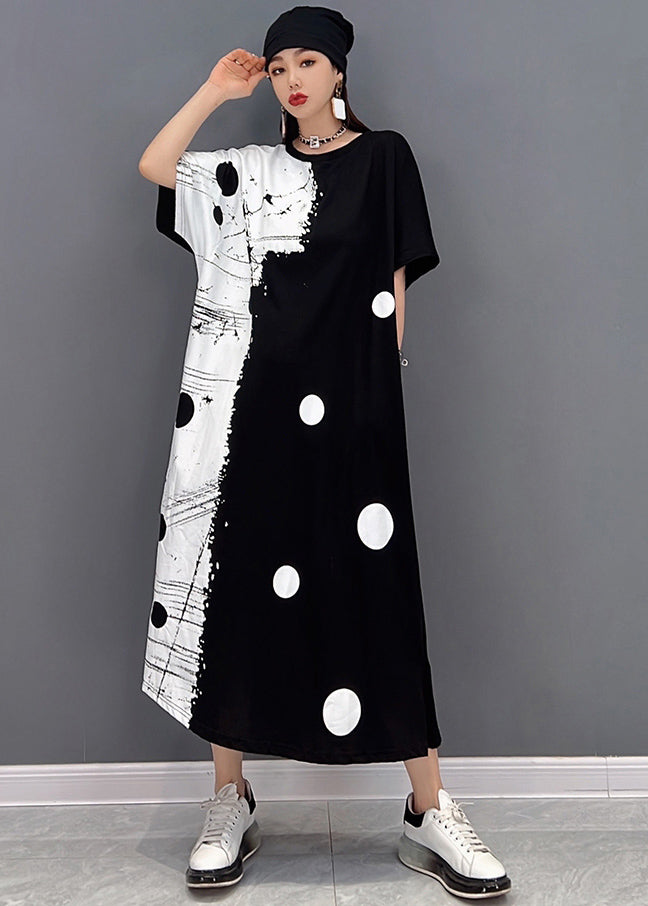 Damen Schwarz Weiß Patchwork Dot Print Baumwolle Sweatshirt Langes Kleid Kurzarm