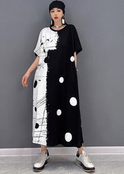 Damen Schwarz Weiß Patchwork Dot Print Baumwolle Sweatshirt Langes Kleid Kurzarm