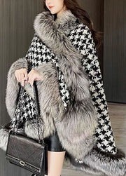Women Black White Plaid Oversized Patchwork Fox Hair Cloak Winter