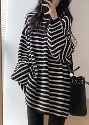 Women Black White Striped O-Neck Cozy Mid Knit Sweater Fall