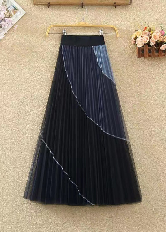 Women Black Wrinkled Patchwork Elastic Waist Tulle Skirt Spring