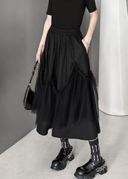 Women Black Wrinkled Pockets Elastic Waist Tulle Patchwork Skirts Fall