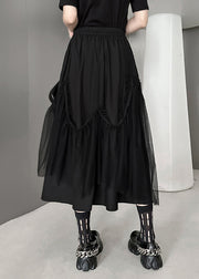 Women Black Wrinkled Pockets Elastic Waist Tulle Patchwork Skirts Fall