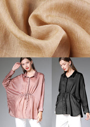 Women Black Wrinkled Tie Waist Fall Blouses Long Sleeve - SooLinen