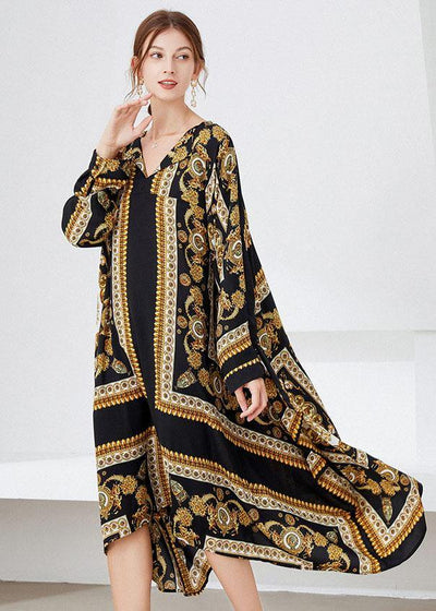 Women Black Yellow Print Loose Asymmetrical Design Fall Holiday Dress Long Sleeve - SooLinen