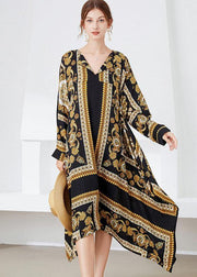 Women Black Yellow Print Loose Asymmetrical Design Fall Holiday Dress Long Sleeve - SooLinen