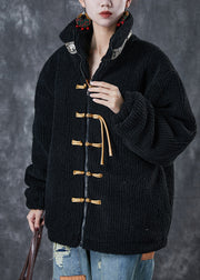 Women Black Zip Up Patchwork Chinese Button Fine Cotton Filled Jacket Winter