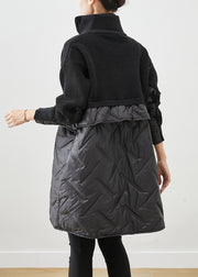 Women Black Zip Up Patchwork Fine Cotton Filled Knit Coat Winter