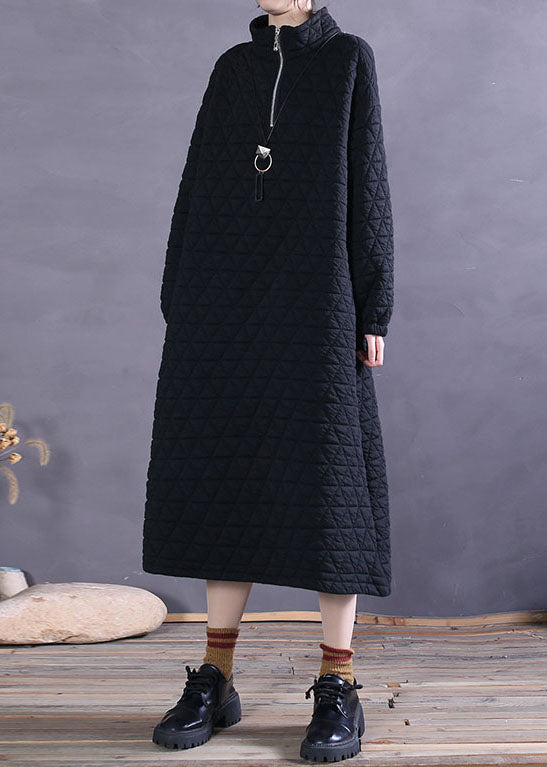 Women Black Zip Up Pockets Cotton Maxi Dress Winter