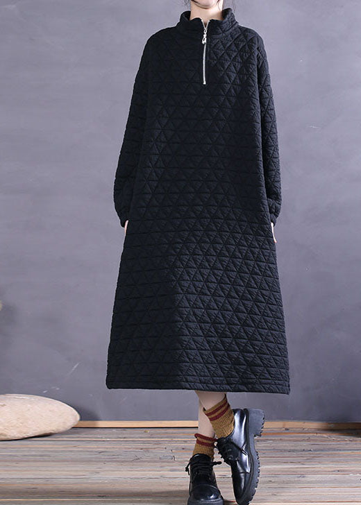 Frauen Schwarz Reißverschlusstaschen Baumwolle Maxikleid Winter