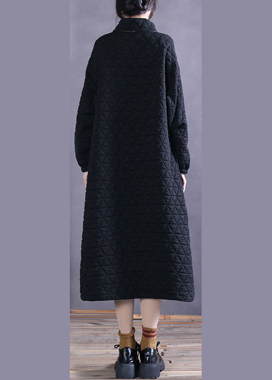 Women Black Zip Up Pockets Cotton Maxi Dress Winter