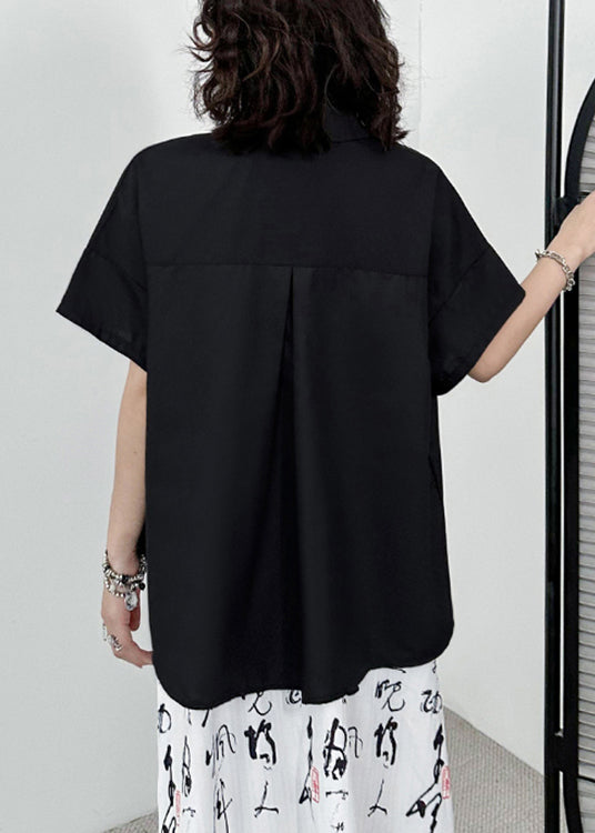 Women Black Zippered Asymmetrical Patchwork Cotton Blouses Short Sleeve