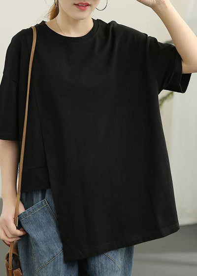Women Black asymmetrical design Cotton Tee Summer - SooLinen