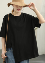 Women Black asymmetrical design Cotton Tee Summer - SooLinen