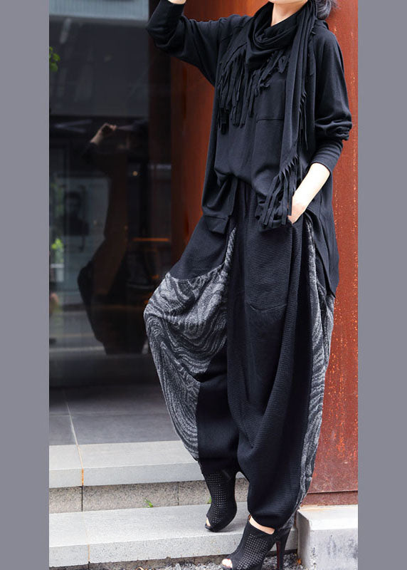 Women Black asymmetrical design Patchwork fashion Winter Two Pieces Set