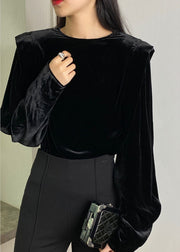 Damen-Oberteile aus Seidenvelours mit schwarzem Knopf und O-Ausschnitt, lange Ärmel