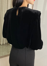 Women Black button O-Neck Silk Velour tops Long Sleeve