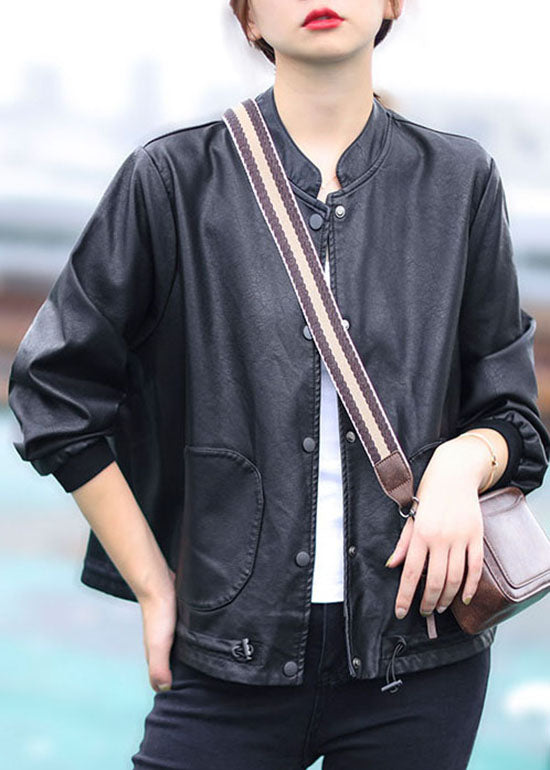 Women Black button drawstring Stand Collar Faux Leather Coats Long Sleeve