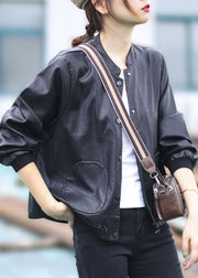 Women Black button drawstring Stand Collar Faux Leather Coats Long Sleeve