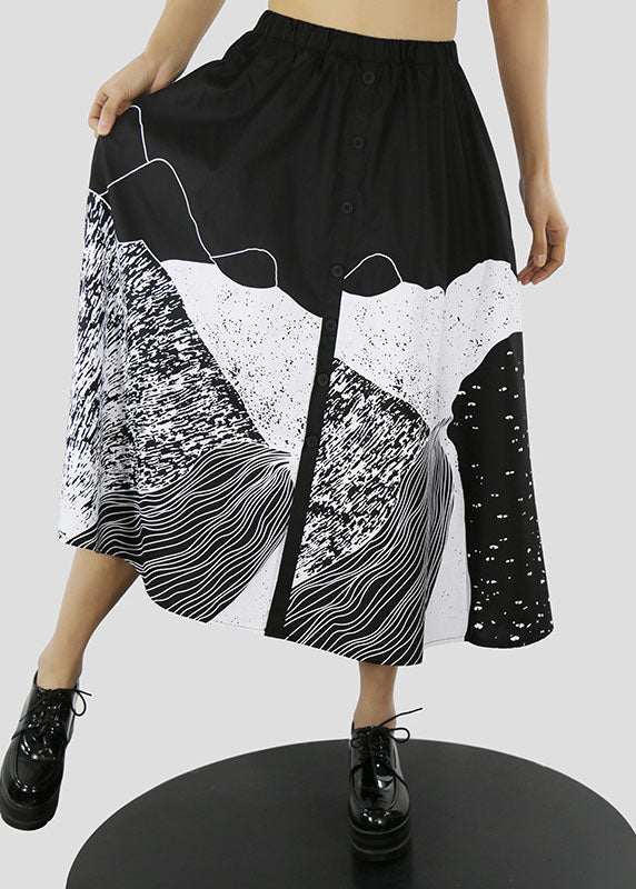 Frauen Schwarzer Knopf mit elastischer Taille drucken eine Linie Röcke Frühling