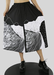 Women Black button elastic waist print a line Skirts Spring